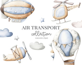 Air Transport Watercolor Clipart, helicopter hot air balloon zeppelin Kids Clipart, Nursery Decor, Baby boy Its a boy, Kids Art, Nursery Art