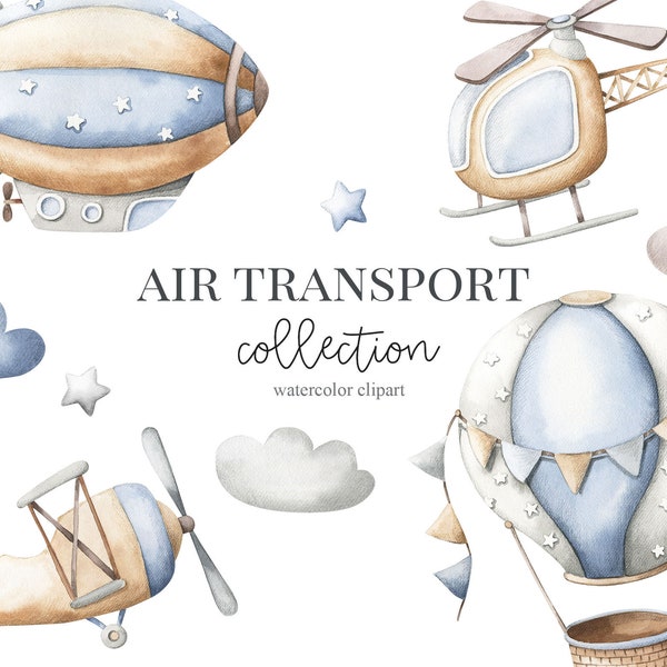 Transport lotniczy akwarela clipart, helikopter balonem zeppelin dla dzieci clipart, wystrój przedszkola, chłopczyk to chłopiec, sztuka dla dzieci, sztuka przedszkola