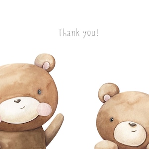May include: Two brown teddy bears with pink cheeks and black eyes. The larger bear is waving with its right paw. The text "Thank you!" is written above the bears.