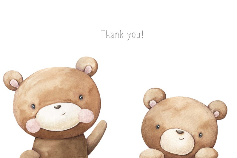 May include: Two brown teddy bears with pink cheeks and black eyes. The larger bear is waving with its right paw. The text "Thank you!" is written above the bears.
