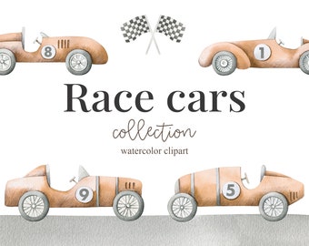 Coches de carreras acuarela Clipart, coche de carreras marrón, imágenes prediseñadas para niños, decoración de la guardería, niño, es un niño, arte para niños, arte de la guardería