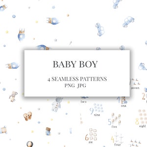 Może przedstawiać: Cztery bezszwowe wzory z akwarelowymi ilustracjami rakiet, samochodów, astronautów i liczb. Wzory są w odcieniach niebieskiego, żółtego i białego na białym tle. Tekst "BABY BOY" i "4 SEAMLESS PATTERNS PNG JPG" jest wyświetlany w białym prostokącie.