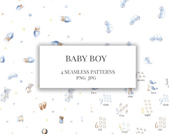Baby boy Seamless Pattern / Watercolor rocket cars baby wear numbers nautical digital download repeat for fabric Baby boy pattern