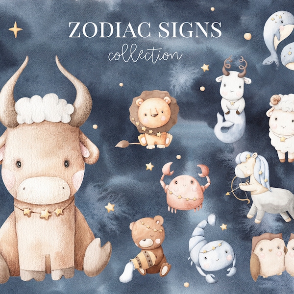 Zodiac Signs Clipart Baby -  Watercolor astrology. Aries, Taurus, Gemini, Cancer, Leo, Virgo, Libra, Scorpio, Sagittarius, Capricorn