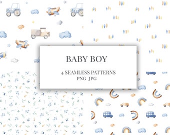 Baby boy Seamless Pattern / Watercolor cars airplanes florals leaves clouds pattern digital download repeat for fabric Baby boy pattern