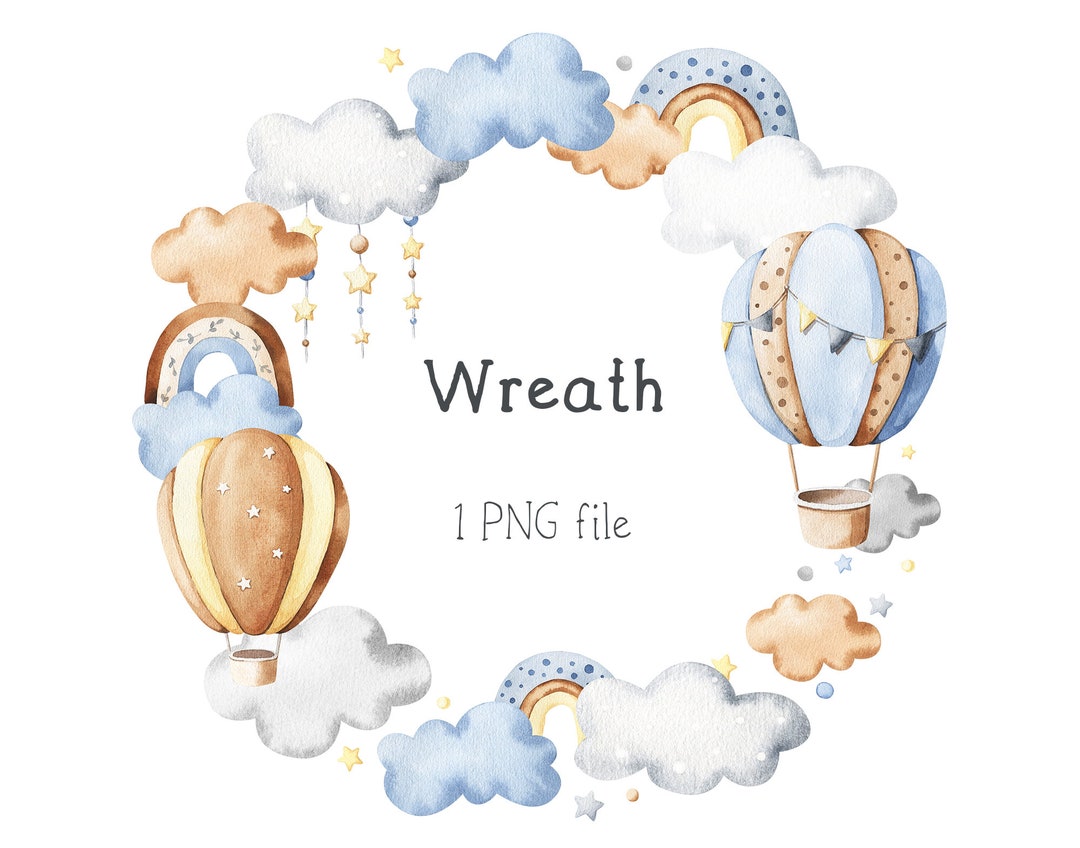 Baby Boy Hot Air Balloon Wreath Watercolor. Baby Shower Clipart Invite ...