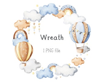 Baby boy hot air balloon wreath watercolor. Baby shower Clipart invite. Nursery clip art. Frame clipart. scrapbooking, printable PNG