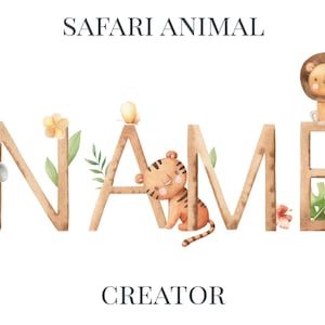 Creador de nombres de animales en acuarela Clipart. Safari Nursery art, decoración de pared. Elefante, león, perezoso, jirafa, mono, koala, criaturas tigre