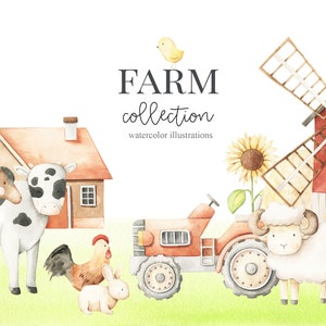 Clipart akwarelowy z farmą - Clipart akwarelowy z wiejskim motywem, krowa, gęś, jagnię, wiatrak, stodoła, wieś, gospodarstwo domowe, gospodarstwo domowe, babyshower, sztuka ścienna