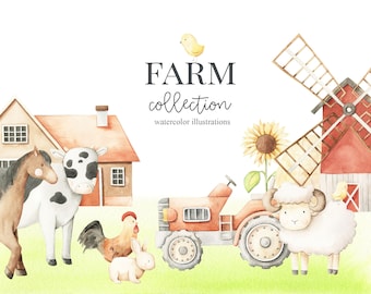 Watercolor Farm Clipart -  Watercolor country clipart, cow, goose, lamb, windmill, barn, village, household, homestead, babyshower, wall art
