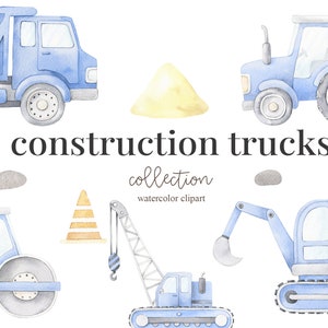 Aquarel bouwvrachtwagens, bouwauto's, jongens clipart, kinderkamer decor, jongens kamer decor, babyjongen, het is een jongen, kinder kunst, kinderkamer kunst