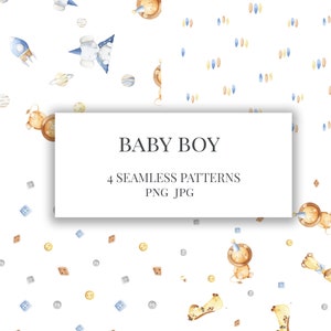Op de afbeelding: Vier naadloze patronen met een baby-leeuw die een feestmuts draagt, raketten, sterren, knopen en dobbelstenen. De patronen zijn in tinten blauw, geel en bruin op een witte achtergrond. De tekst "BABY BOY" en "4 SEAMLESS PATTERNS PNG JPG" wordt in het midden van de afbeelding weergegeven.
