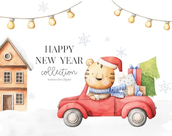 May include: A watercolor illustration of a tiger wearing a Santa hat and scarf driving a red car with a Christmas tree and presents in the back. The text "HAPPY NEW YEAR collection watercolor clipart" is written below the image.