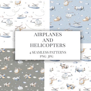 Op de afbeelding: Vier naadloze patronen met aquarel illustraties van vliegtuigen en helikopters in blauw en grijs op witte en grijze achtergronden. De tekst "AIRPLANES AND HELICOPTERS 4 SEAMLESS PATTERNS PNG JPG" staat in het midden van de afbeelding.
