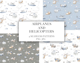 Airplanes Helicopters Seamless Pattern / Watercolor airplane digital download repeat for fabric Baby boy pattern
