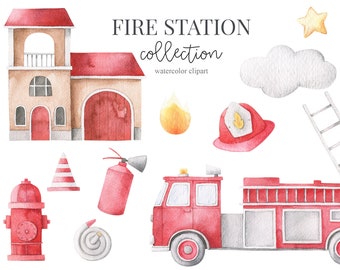Watercolor fire truck, fire station, department, helmet, firefighter, fire equipment, Fire Service clipart,  fire extinguisher. Clipart png