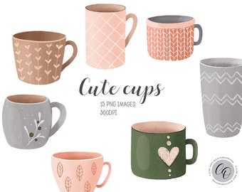 Watercolor cups clipart,  mug clipart, cup of tea, cup of coffee, instant download, png files, digital, cute tea cup
