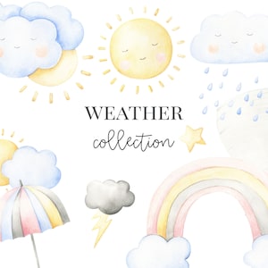 Aquarell Wetter Clipart. Sonne Wolken Gewitter. Baby ClipArt Baby Bildung Karten Einladung Kindergarten Kunst desing Digital Download