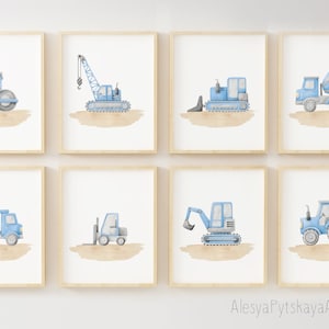 Construction Vehicle Prints, Boy nursery wall art, watercolor tractor, truck, crane,excavator, vehicle printable, blue grey,digital download