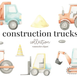 Caminhões de construção em aquarela, carros de construção, clipart de meninos, decoração de berçário, decoração de quarto de meninos, menino, é um menino, arte infantil, arte de berçário