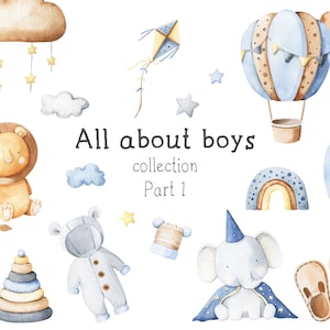 Aquarel babyjongen clipart. Baby jongen safari illustraties Baby shower verjaardagsuitnodiging kinderkamer kunst ontwerpen Digitale Download