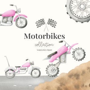 Motociclette ad acquerello, biciclette, Dirt Bike, bici rosa, clipart per ragazze, decorazioni per la cameretta dei bambini, decorazioni per la cameretta delle bambine, bebè, è una bambina, arte per bambini, arte per la cameretta dei bambini