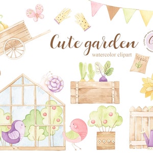 Clipart de jardim em aquarela - Download de jardinagem em aquarela - Download instantâneo - Estufa - Vasos - Sementes - Sujeira - Pássaros - Plantas
