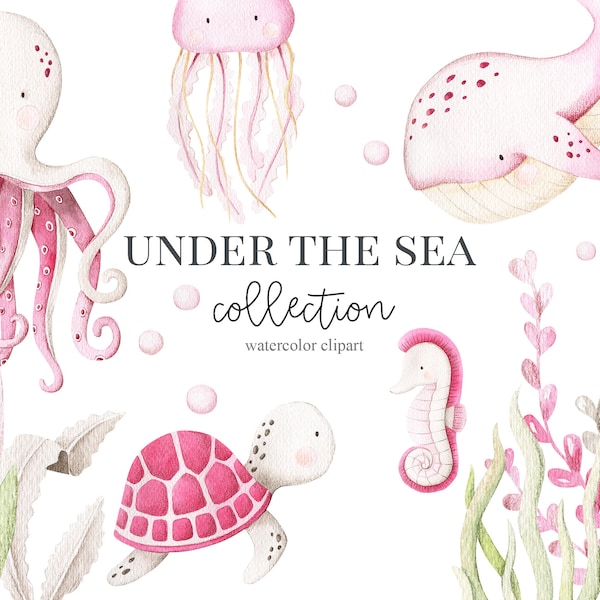 Watercolor Under the sea Clipart. Baby girl pink nautical clip art  Baby shower birthday invitation nursery art desing Digital Download