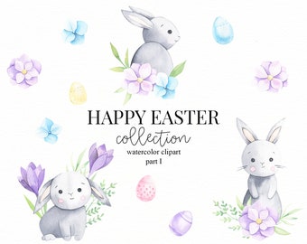 Cute Easter Watercolor Clipart Bunny Flowers Eggs Clip Art Happy Easter Digital Download