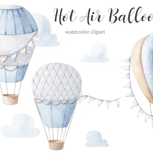 Heißluftballon Aquarell Clipart, Kinder Clipart, Kinderzimmer Dekor, Baby Junge, Its a Boy, KinderKunst, Kinderzimmer Kunst