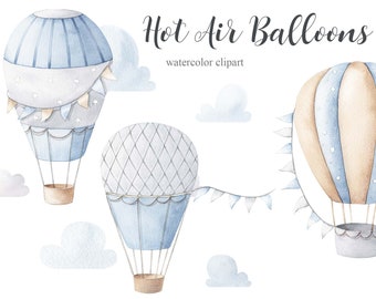 Hot Air Balloon Watercolor Clipart, Kids Clipart, Nursery Decor, Baby boy, Its a boy, Kids Art, Nursery Art