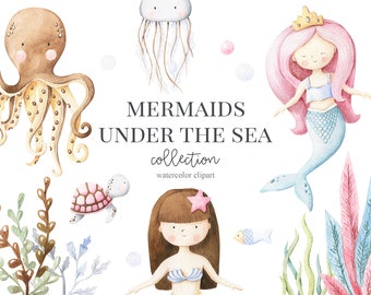 Watercolor Under the sea Clipart. Mermaids. Baby girl nautical clip art  Baby shower birthday invitation nursery art desing Digital Download