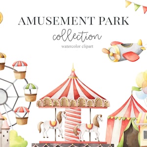 Aquarell Vergnügungspark, Karussell, Riesenrad, Vergnügungspark, Schloss, Mädchen Clipart, Kartenbild, Kinderzimmer Dekor, Kinder Kunst, Kinderzimmer