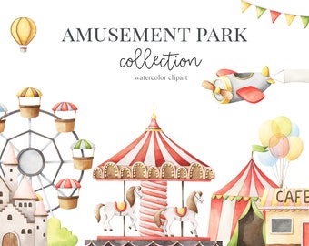 Watercolor Amusement park, carousel, Ferris wheel, attraction park, castle, Girls clipart, map creator, Nursery decor, Kids Art, Nursery art