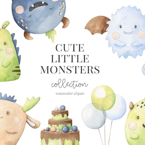 Monsters Aquarell Clipart. Niedliche Monster Kinderzimmer Kunst, Wanddekor. Jungen Geburtstag, gruselige Kreaturen, Kindergeburtstag Clipart, Instant Download