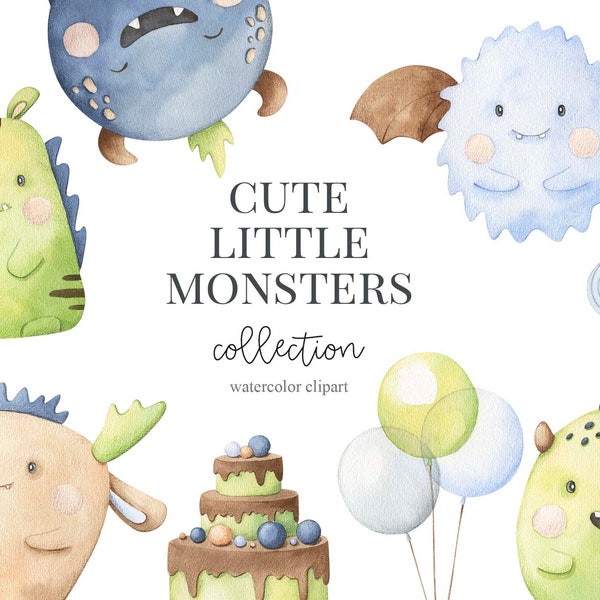 Monsters Aquarell Clipart. Niedliche Monster Kinderzimmer Kunst, Wanddekor. Jungen Geburtstag, gruselige Kreaturen, Kindergeburtstag Clipart, Instant Download