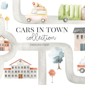 Acuarela Coches Camiones, edificios, carreteras, Imágenes prediseñadas para niños, Decoración de la guardería, Decoración de la habitación de los niños, Bebé niño, Es un niño, Arte para niños, Arte de la guardería
