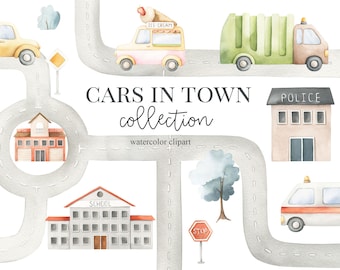 Watercolor Cars Trucks, buildings, road, Boys clipart, Nursery decor, Boys room decor, Baby boy, Its a boy, Kids Art, Nursery art