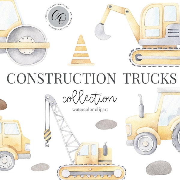 Watercolor Construction Trucks, Construction cars, Boys clipart, Nursery decor, Boys room decor, Baby boy, Its a boy, Kids Art, Nursery art