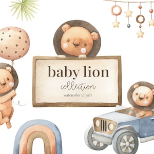 Clipart de aquarela de leão bebê, piloto animal, motorista, clipart infantil, decoração de berçário, menino, é um menino, arte infantil, arte de berçário, chá de bebê