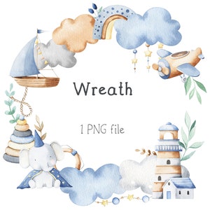 Chłopiec Wieniec Clipart. Akwarelowe niebieskie ilustracje dla dzieci - obiekt clipart w przedszkolu. Projektowanie dzieci, scrapbooking, zaproszenie PNG do druku w przedszkolu