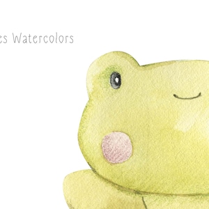 May include: A watercolour illustration of a green frog with a big smile. The frog has large, black eyes and pink cheeks.