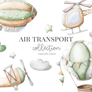 Trasporto aereo acquerello Clipart, elicottero mongolfiera zeppelin Kids Clipart, Nursery Decor, Baby boy È un ragazzo, Kids Art, Nursery Art