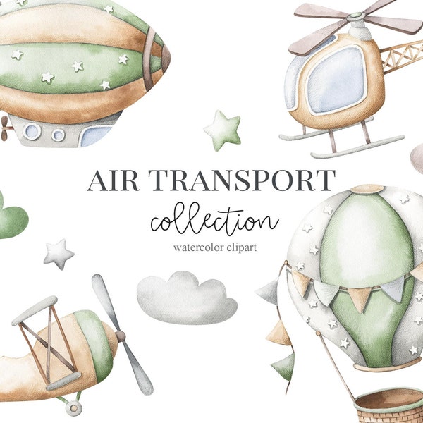 Air Transport aquarelle Clipart, hélicoptère montgolfière zeppelin Kids Clipart, Nursery Decor, bébé garçon c'est un garçon, Kids Art, Nursery Art