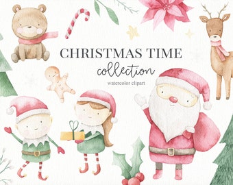 May include: Watercolor illustrations of Christmas characters, including Santa Claus, elves, a reindeer, a gingerbread man, and a bear. The illustrations are in a whimsical style and are perfect for adding a festive touch to your holiday projects.