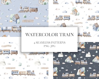 Watercolor train Seamless Pattern / Rail vagons digital download repeat for fabric Baby boy pattern