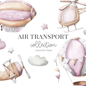 Clipart aquarela de transporte aéreo, balão de ar quente de helicóptero zepelim clipart infantil, decoração de berçário, menina, arte infantil, arte de berçário