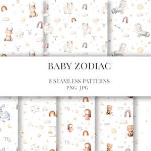 Znaki zodiaku bezszwowy wzór, akwarela dziecko zodiak astrologia cyfrowe pobieranie powtórzenie dla tkaniny wzór dla dziewczynki i chłopca