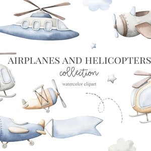 Aviones Helicópteros Acuarela Clipart, Imágenes Prediseñadas para niños, Decoración de la guardería, Bebé niño, Es un niño, Arte para niños, Arte de la guardería