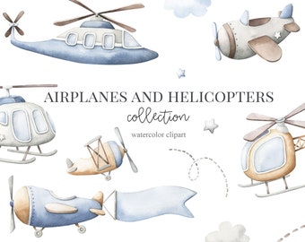 Airplanes Helicopters Watercolor Clipart, Kids Clipart, Nursery Decor, Baby boy, Its a boy, Kids Art, Nursery Art